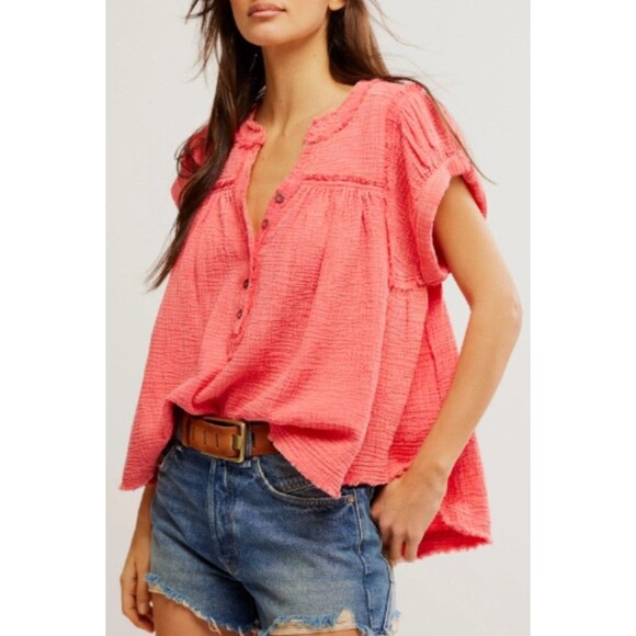 Free People ‘We The Free’ Coral Paradise Loose-Fitting Button-Up Blouse L - Picture 1 of 9